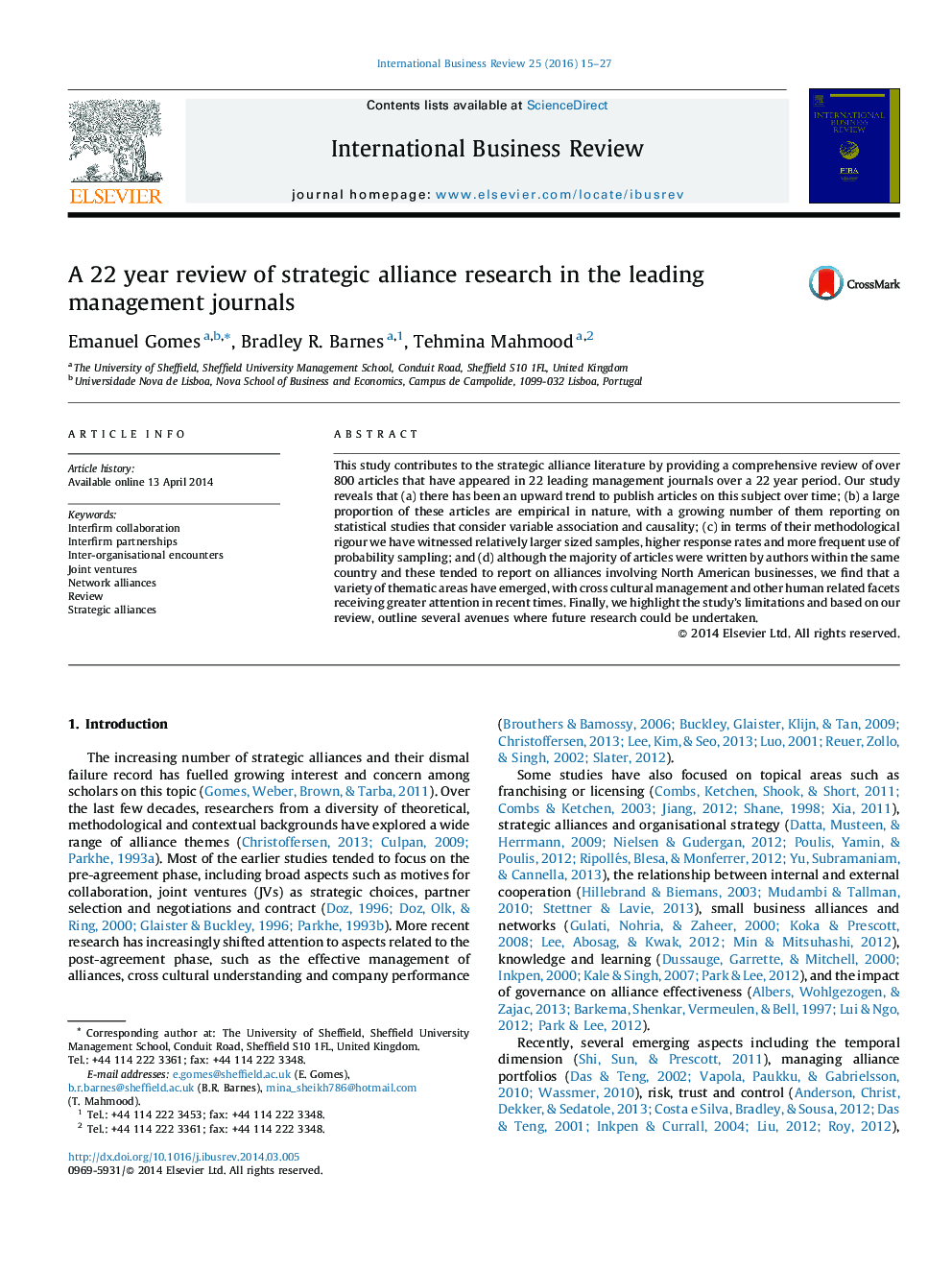 A 22 year review of strategic alliance research in the leading management journals