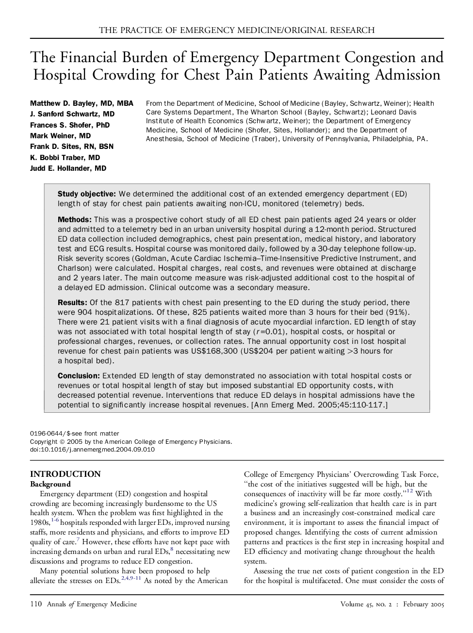 The financial burden of emergency department congestion and hospital crowding for chest pain patients awaiting admission