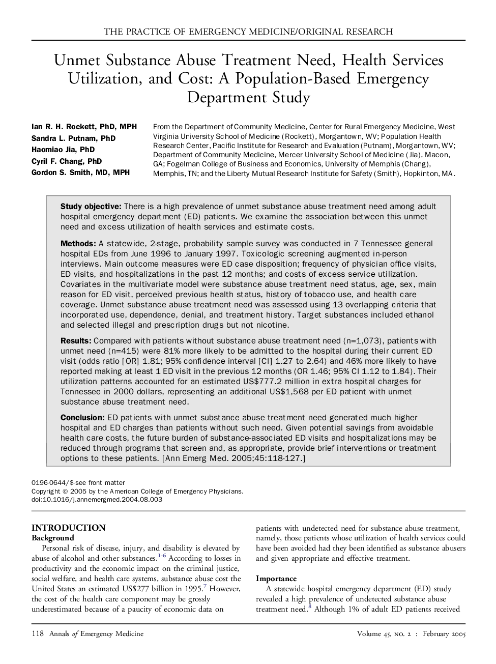 Unmet substance abuse treatment need, health services utilization, and cost: A population-based emergency department study