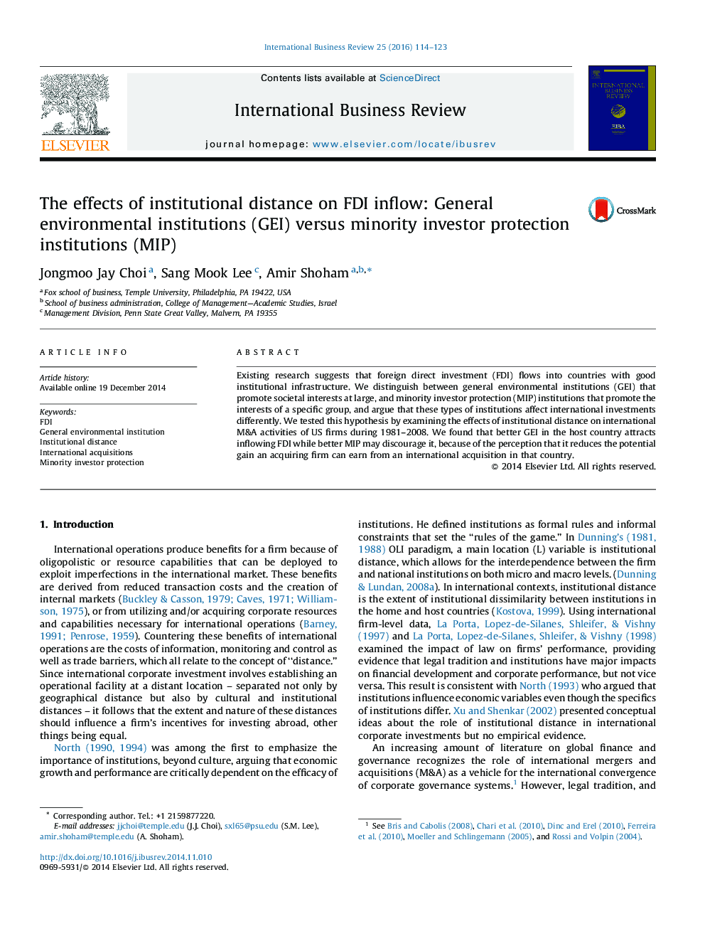 The effects of institutional distance on FDI inflow: General environmental institutions (GEI) versus minority investor protection institutions (MIP)