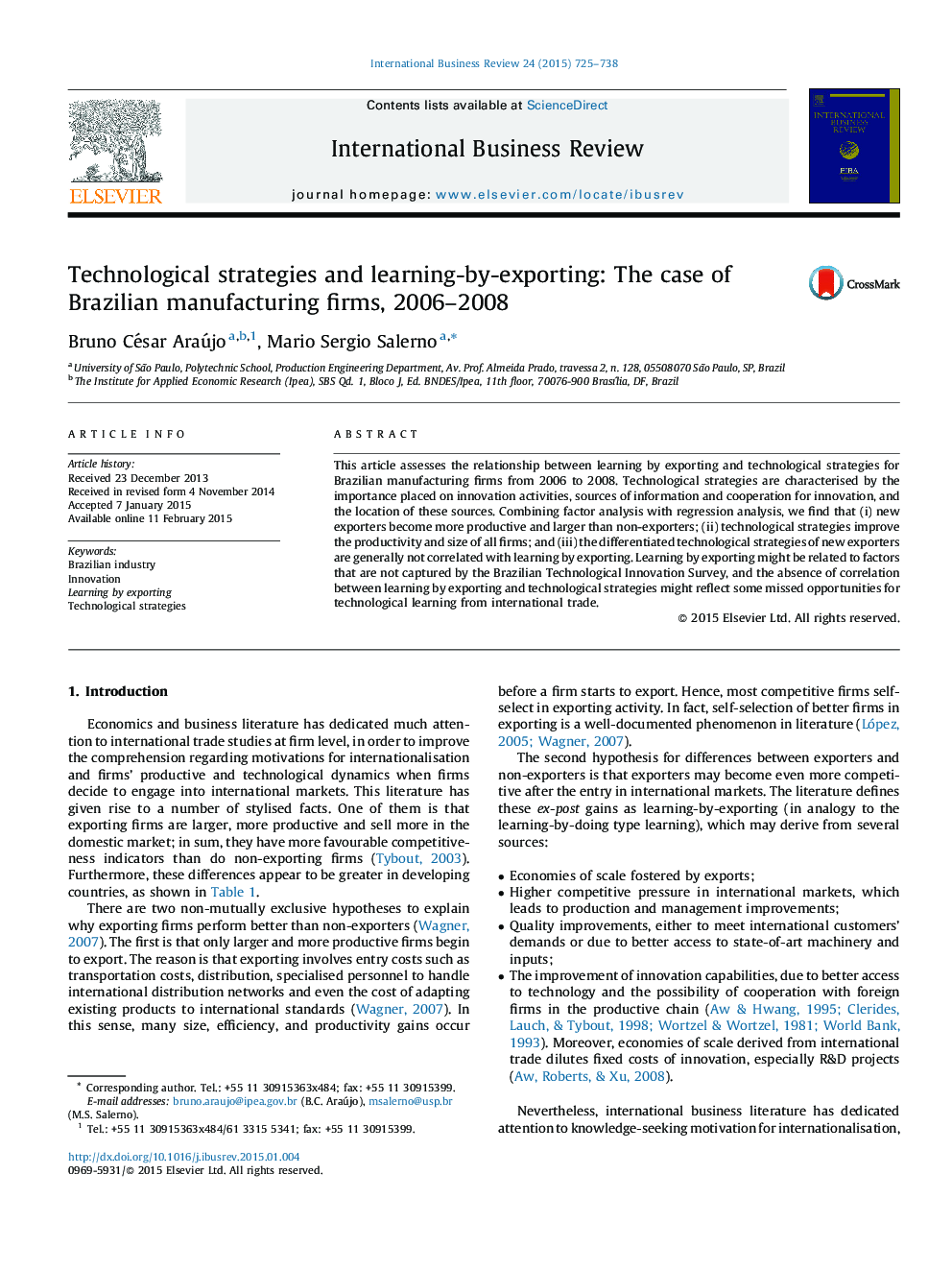 Technological strategies and learning-by-exporting: The case of Brazilian manufacturing firms, 2006–2008