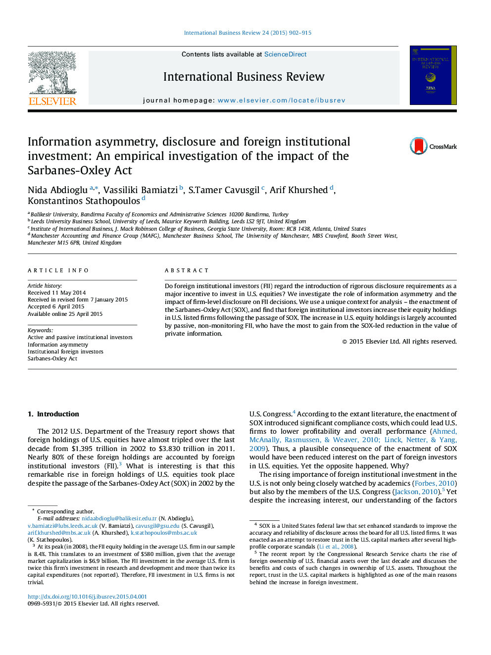 Information asymmetry, disclosure and foreign institutional investment: An empirical investigation of the impact of the Sarbanes-Oxley Act