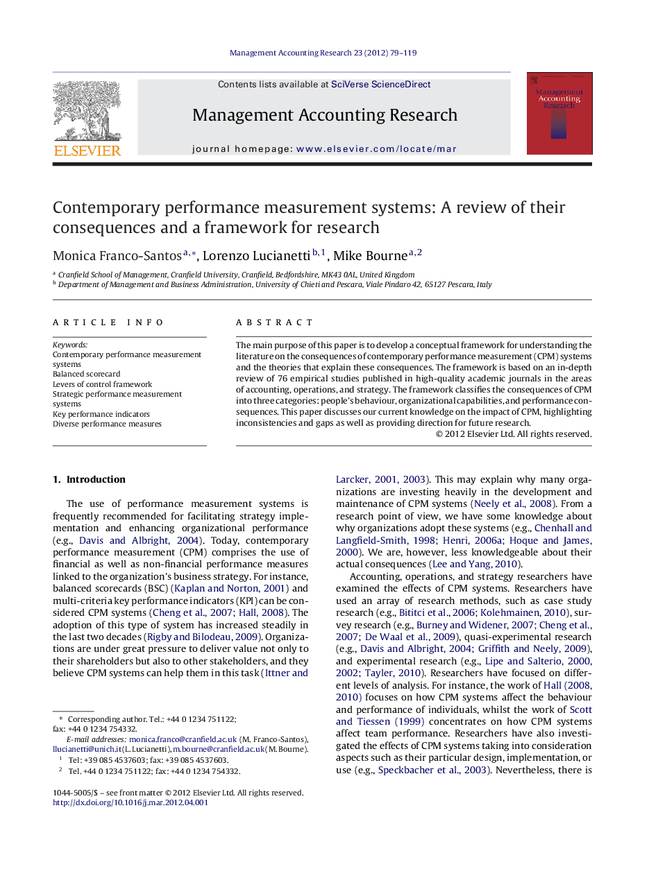 Contemporary performance measurement systems: A review of their consequences and a framework for research