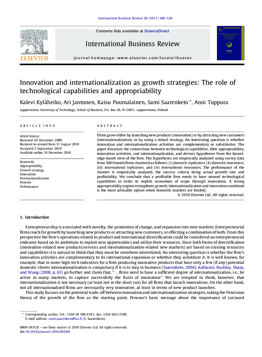 Innovation and internationalization as growth strategies: The role of technological capabilities and appropriability
