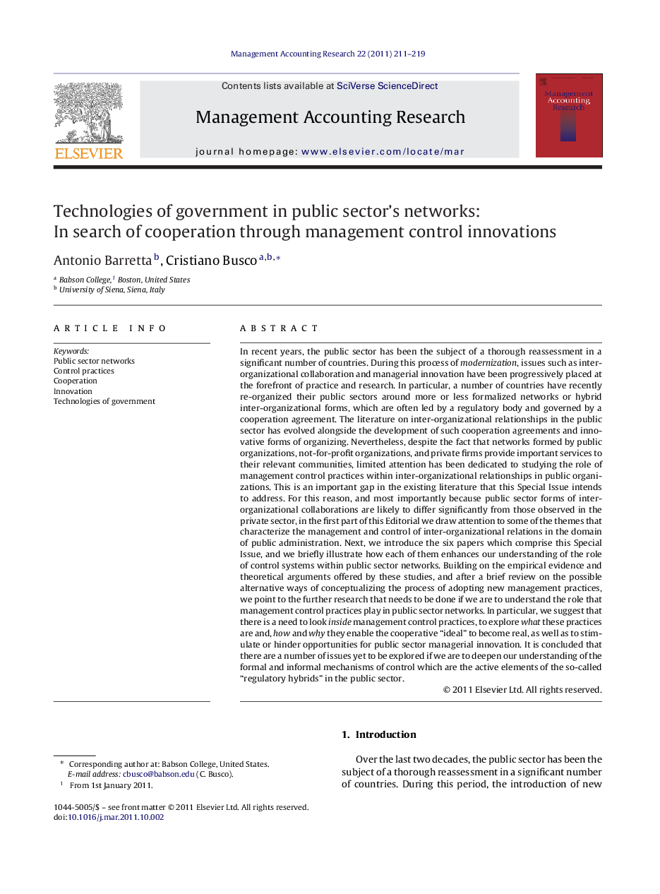 Technologies of government in public sector's networks: In search of cooperation through management control innovations