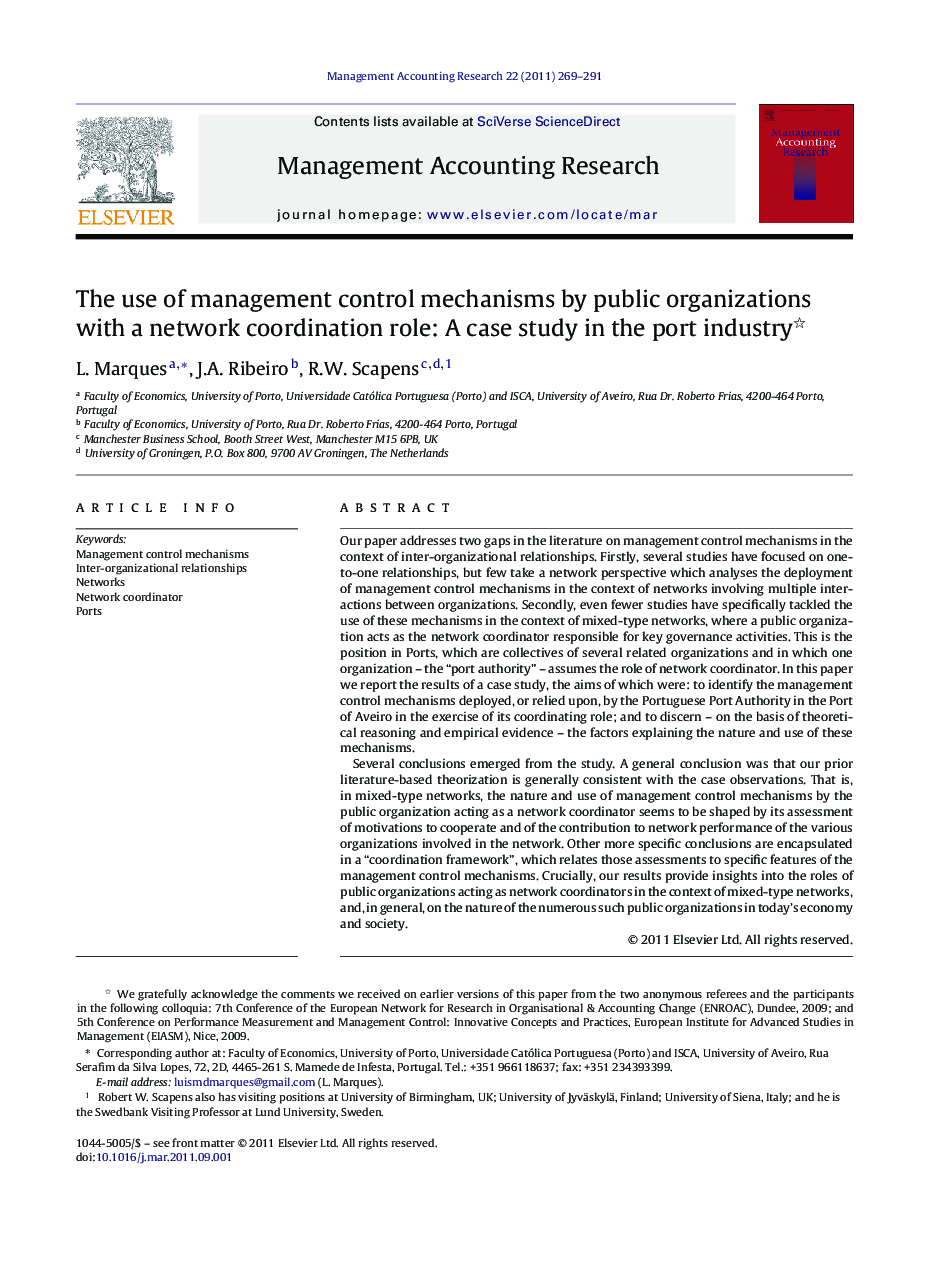 The use of management control mechanisms by public organizations with a network coordination role: A case study in the port industry 