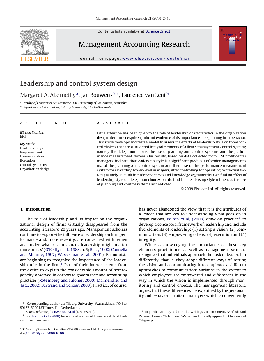 Leadership and control system design