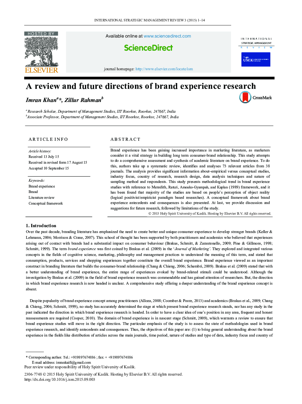 A review and future directions of brand experience research 