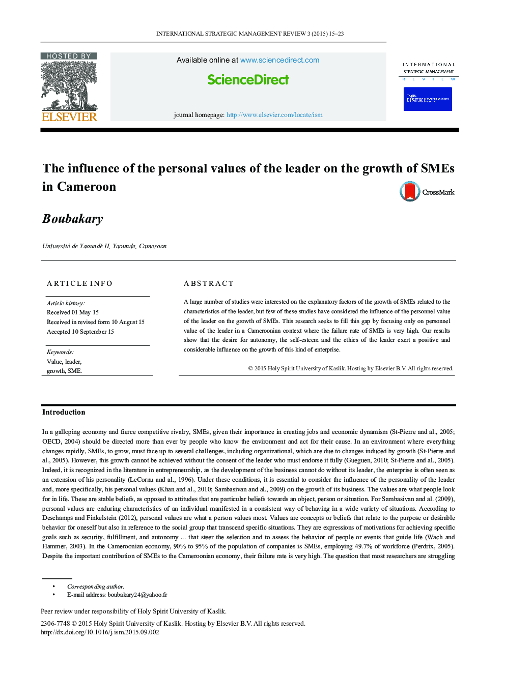 The influence of the personal values of the leader on the growth of SMEs in Cameroon 