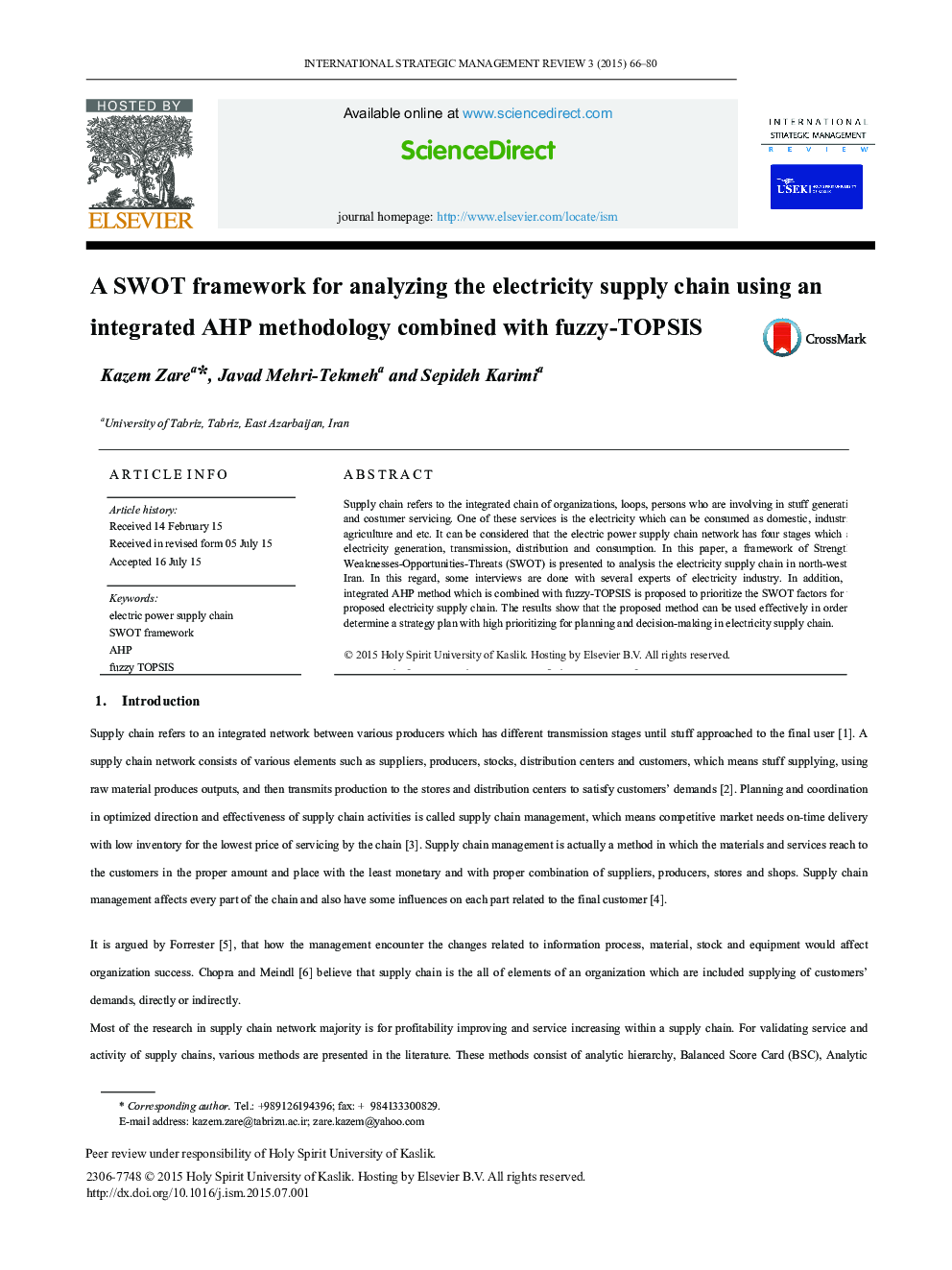 A SWOT framework for analyzing the electricity supply chain using an integrated AHP methodology combined with fuzzy-TOPSIS 