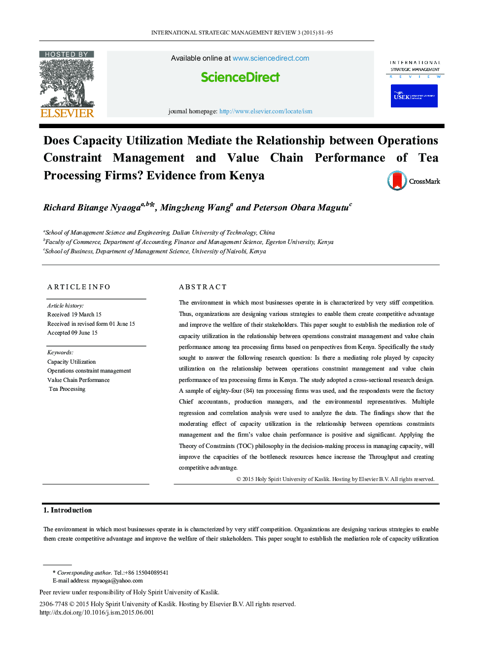 Does Capacity Utilization Mediate the Relationship between Operations Constraint Management and Value Chain Performance of Tea Processing Firms? Evidence from Kenya