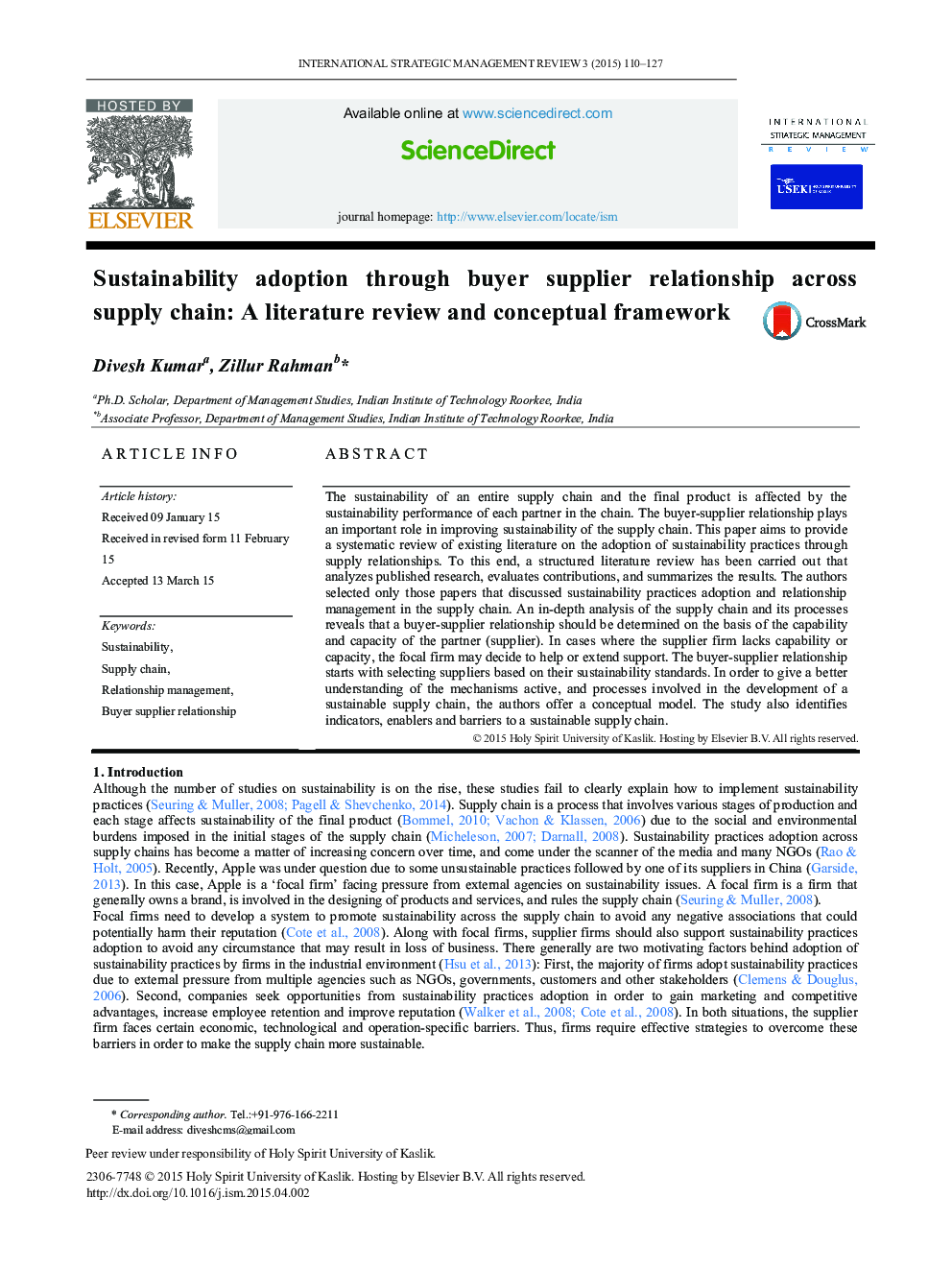 Sustainability adoption through buyer supplier relationship across supply chain: A literature review and conceptual framework 