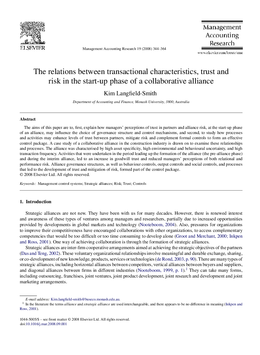 The relations between transactional characteristics, trust and risk in the start-up phase of a collaborative alliance