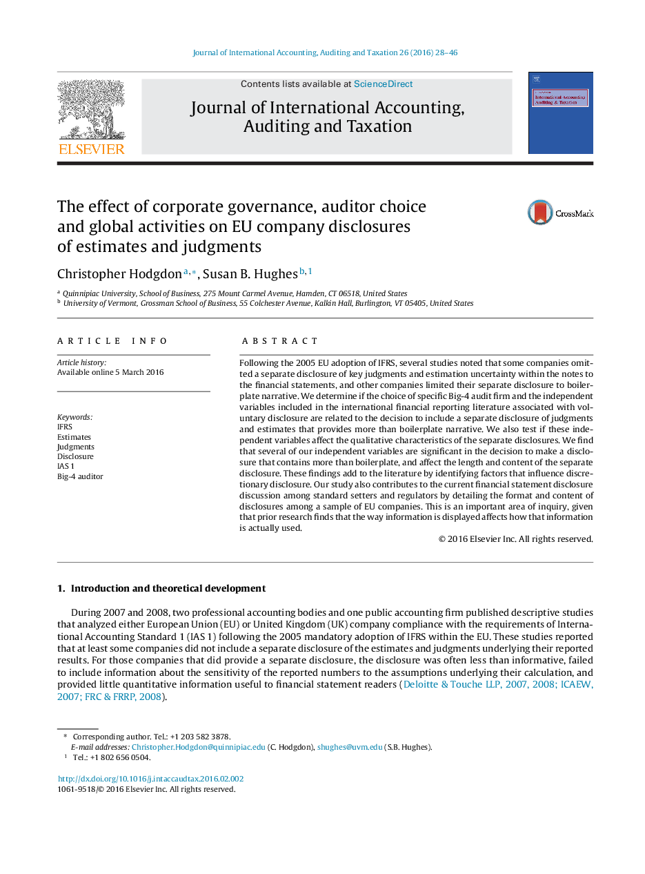 The effect of corporate governance, auditor choice and global activities on EU company disclosures of estimates and judgments