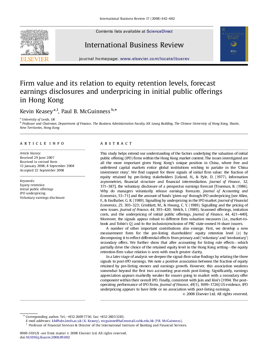 Firm value and its relation to equity retention levels, forecast earnings disclosures and underpricing in initial public offerings in Hong Kong