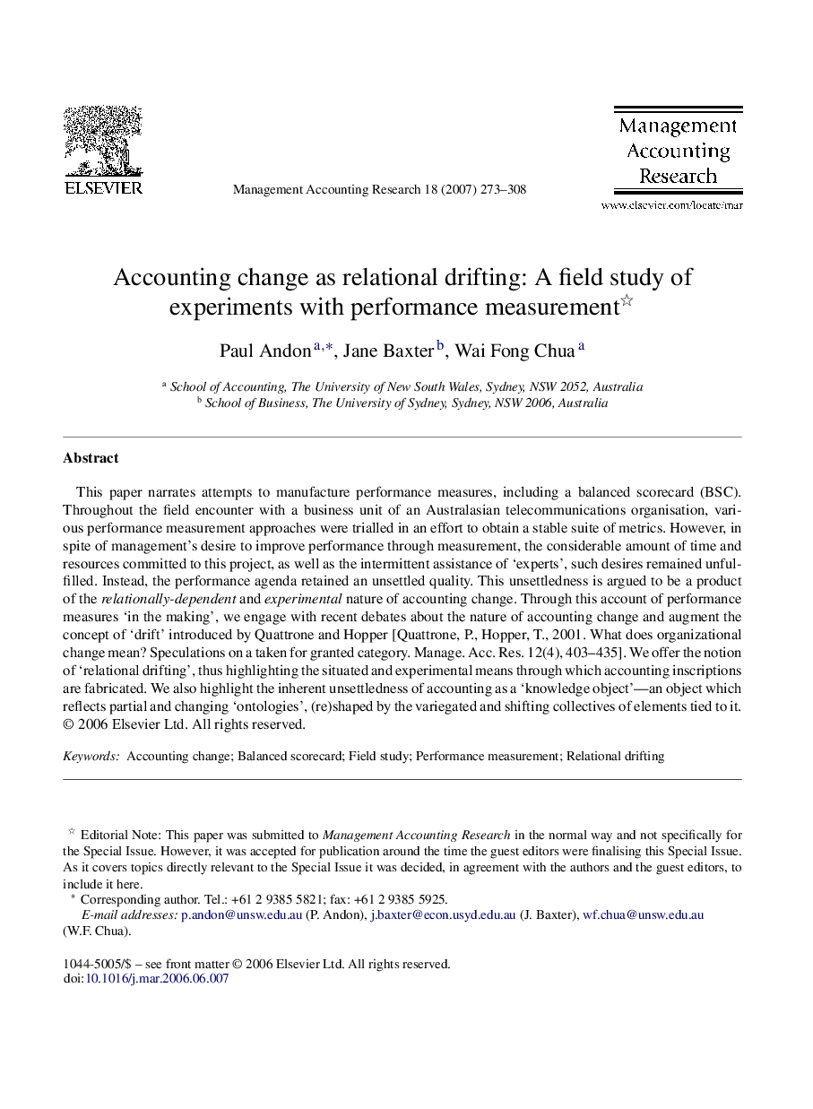 Accounting change as relational drifting: A field study of experiments with performance measurement 