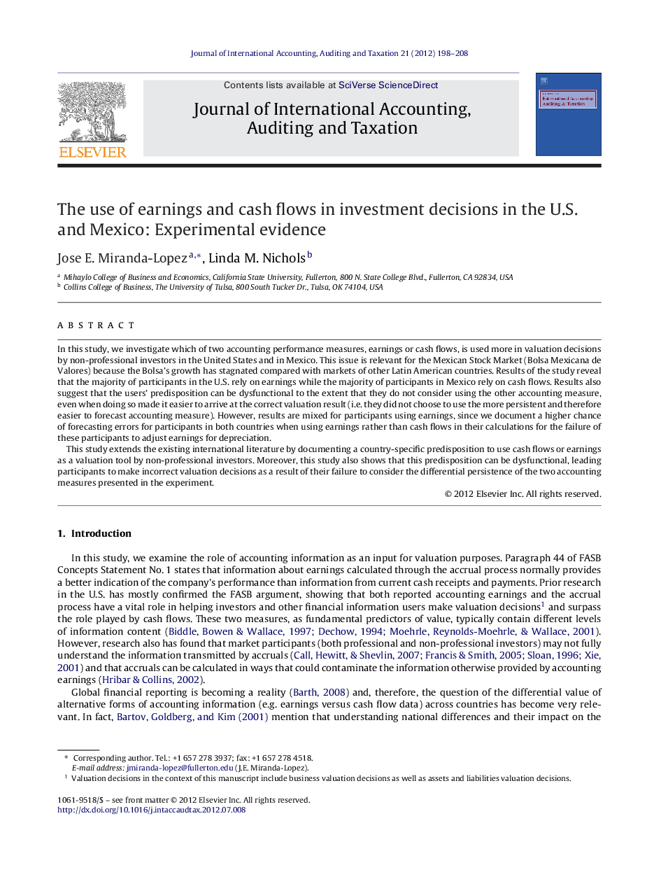 The use of earnings and cash flows in investment decisions in the U.S. and Mexico: Experimental evidence