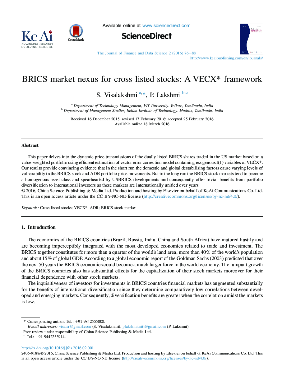 BRICS market nexus for cross listed stocks: A VECX* framework 