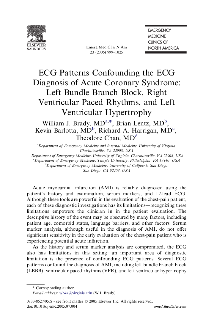 ECG Patterns Confounding the ECG Diagnosis of Acute Coronary Syndrome: Left Bundle Branch Block, Right Ventricular Paced Rhythms, and Left Ventricular Hypertrophy