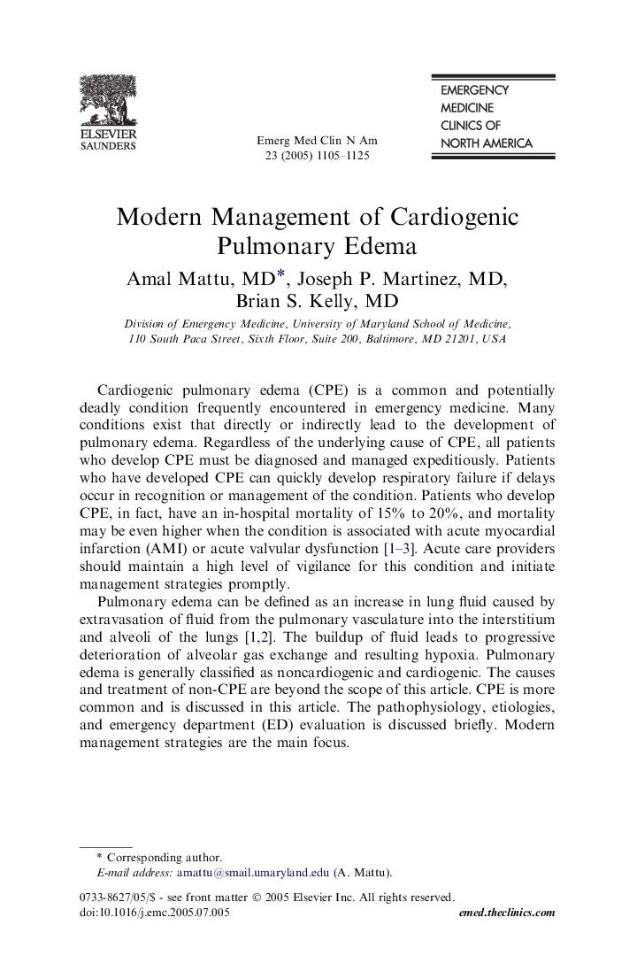 Modern Management of Cardiogenic Pulmonary Edema