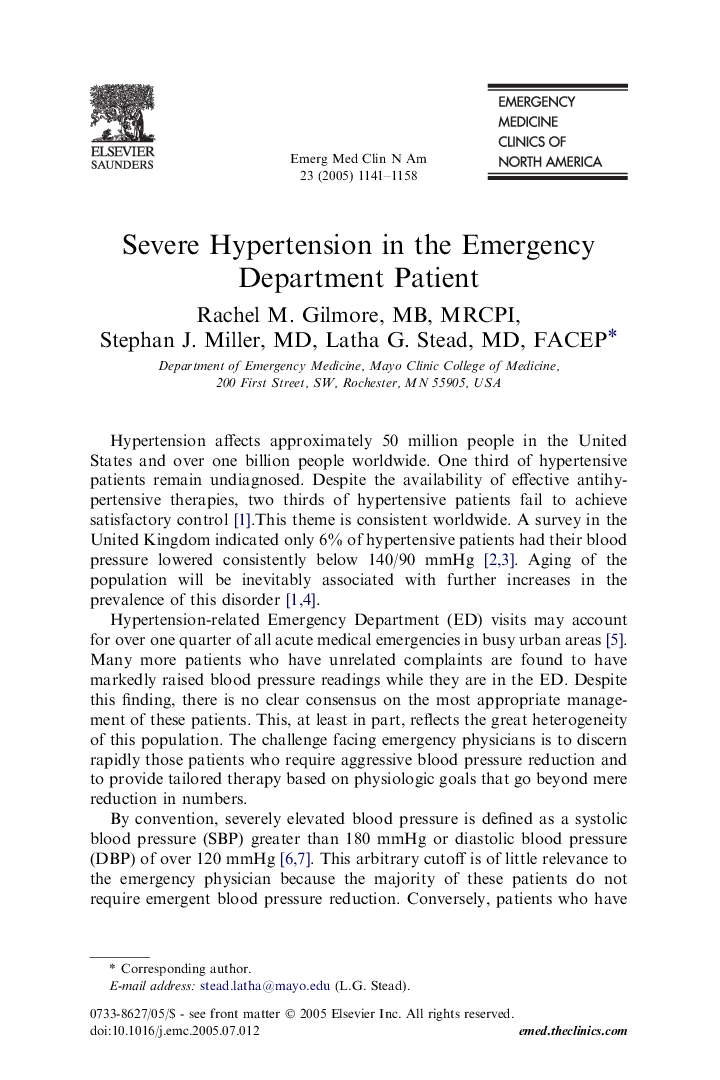 Severe Hypertension in the Emergency Department Patient