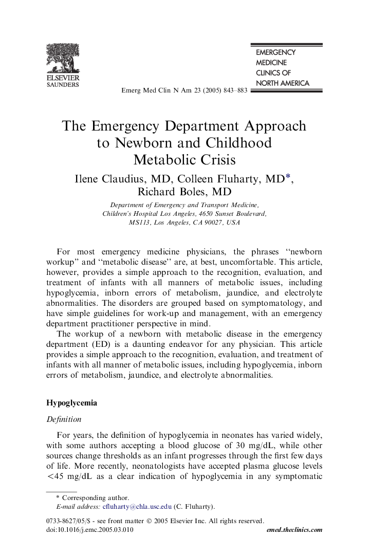 The Emergency Department Approach to Newborn and Childhood Metabolic Crisis