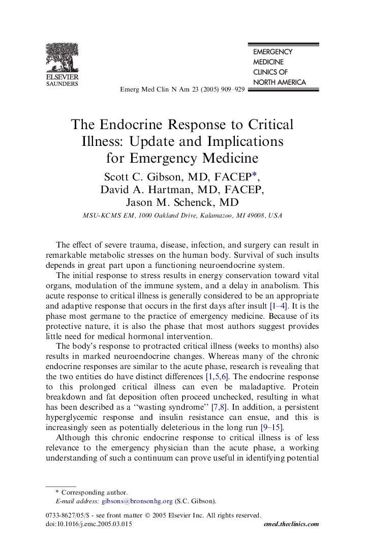 The Endocrine Response to Critical Illness: Update and Implications for Emergency Medicine