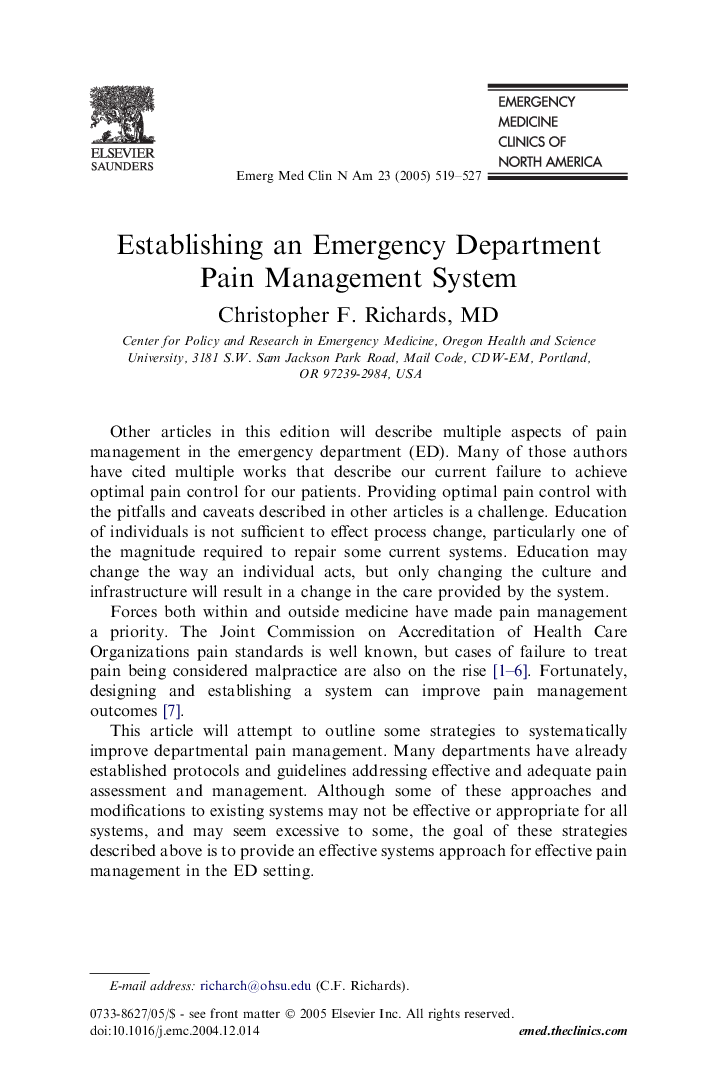 Establishing an Emergency Department Pain Management System