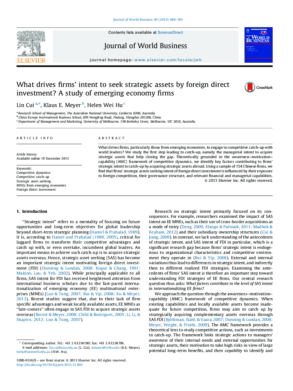 What drives firms’ intent to seek strategic assets by foreign direct investment? A study of emerging economy firms