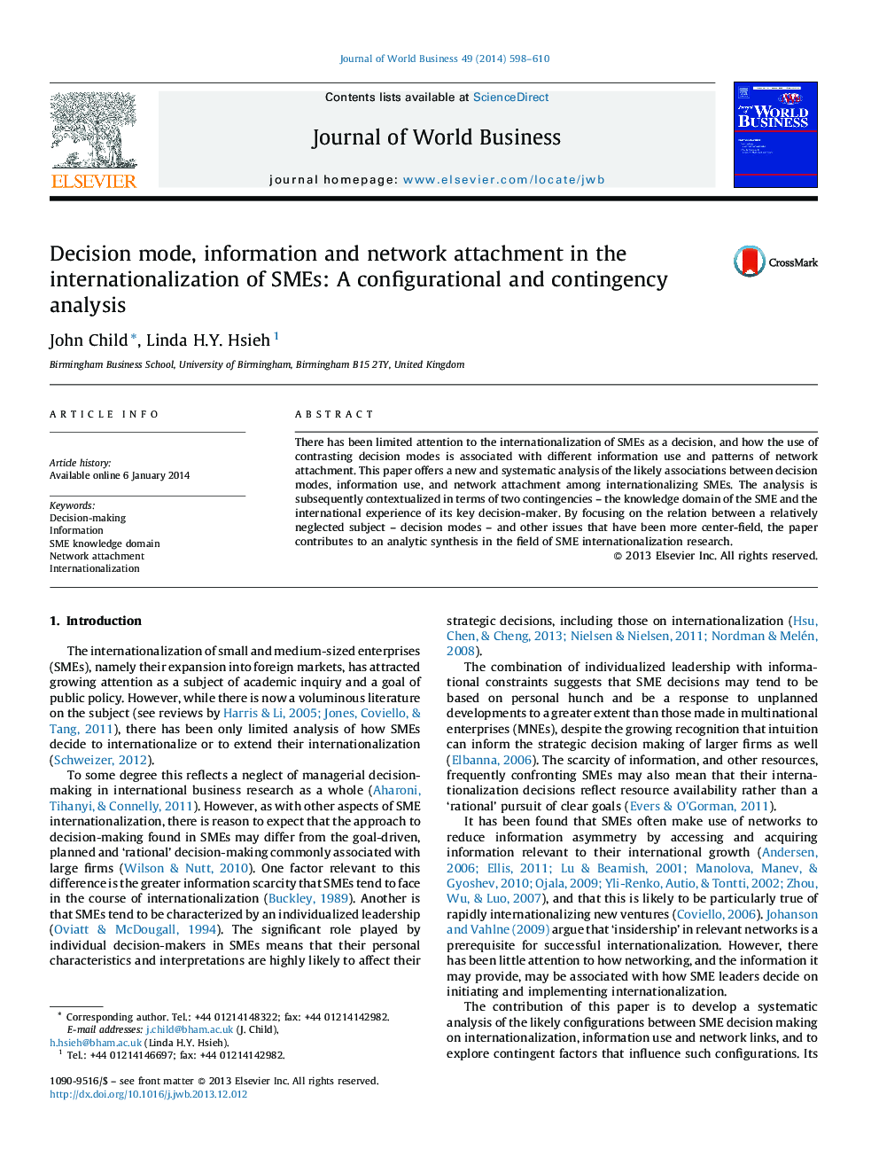 Decision mode, information and network attachment in the internationalization of SMEs: A configurational and contingency analysis
