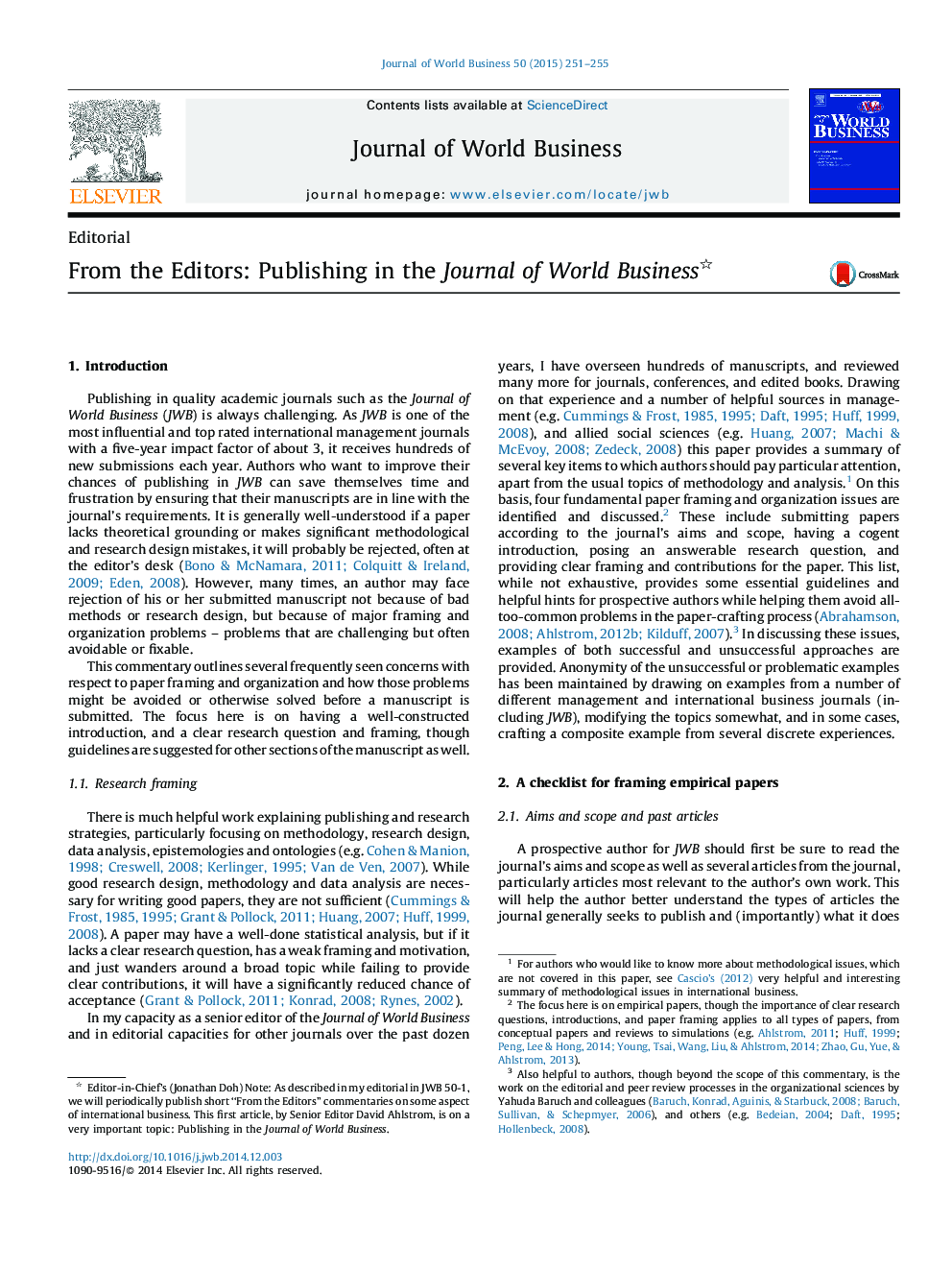 From the Editors: Publishing in the Journal of World Business