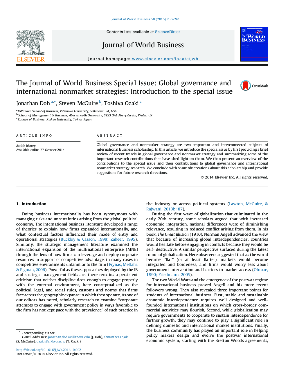 The Journal of World Business Special Issue: Global governance and international nonmarket strategies: Introduction to the special issue