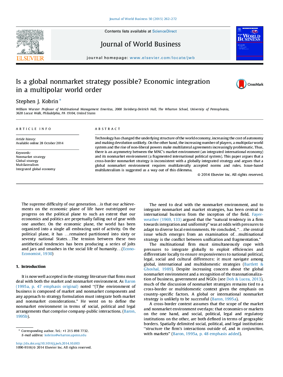 Is a global nonmarket strategy possible? Economic integration in a multipolar world order