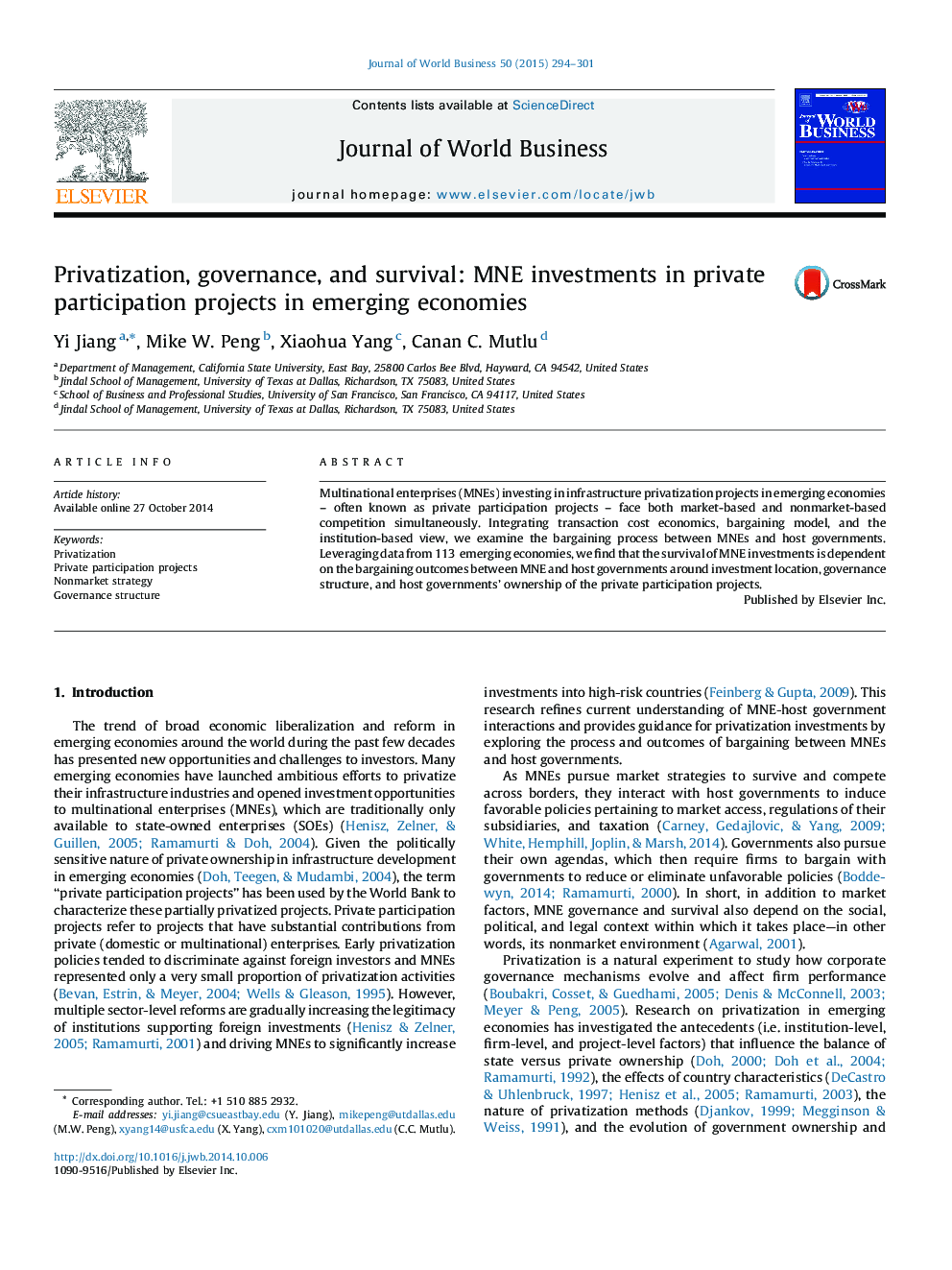 Privatization, governance, and survival: MNE investments in private participation projects in emerging economies