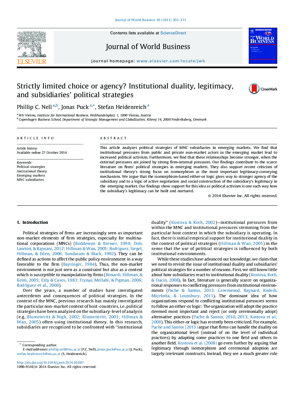 Strictly limited choice or agency? Institutional duality, legitimacy, and subsidiaries’ political strategies