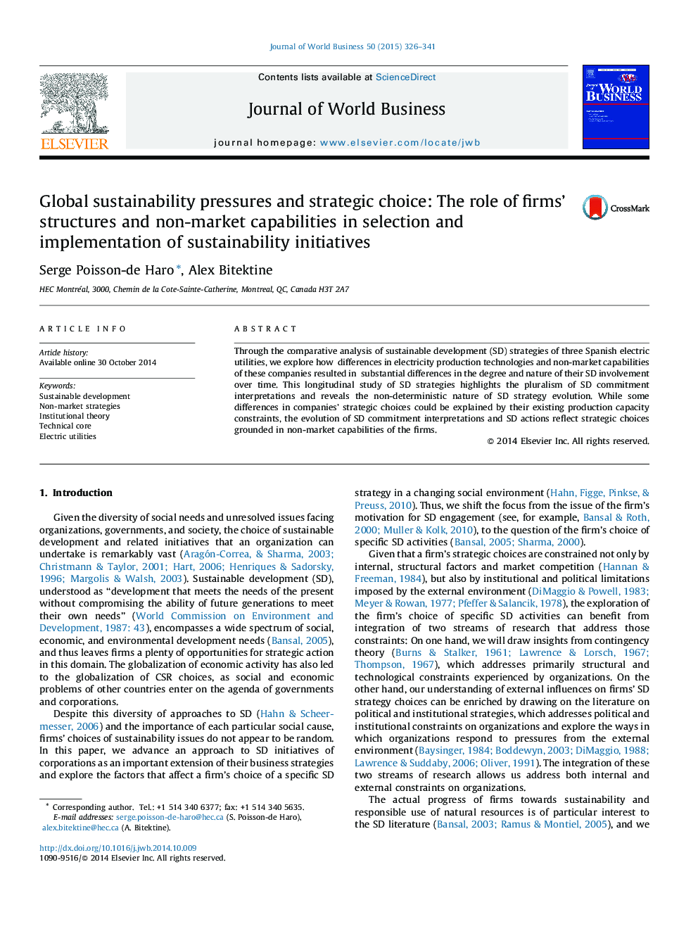 Global sustainability pressures and strategic choice: The role of firms’ structures and non-market capabilities in selection and implementation of sustainability initiatives