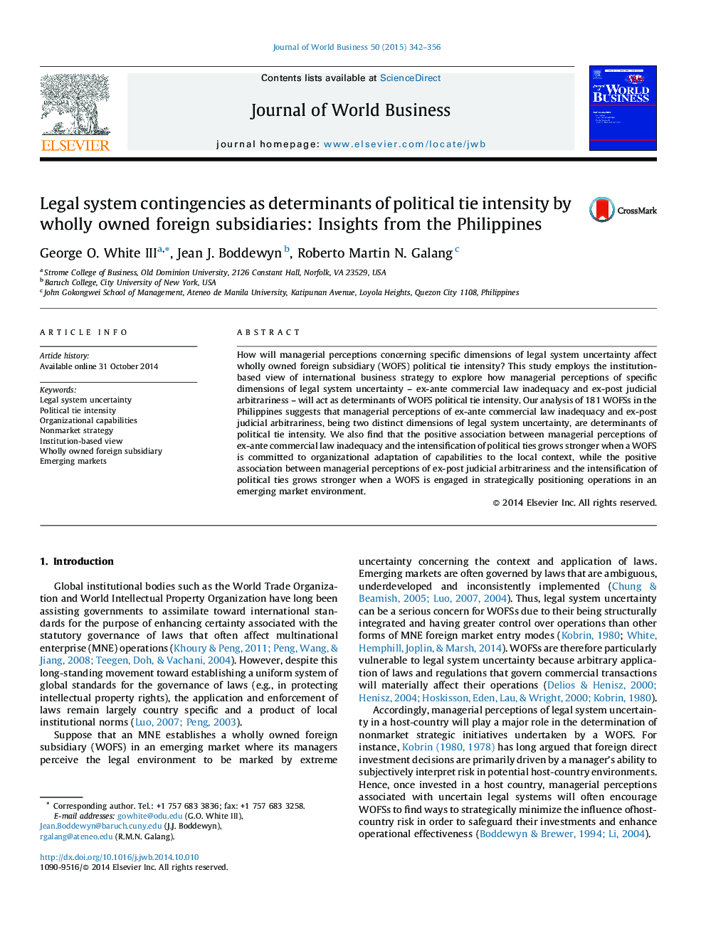 Legal system contingencies as determinants of political tie intensity by wholly owned foreign subsidiaries: Insights from the Philippines