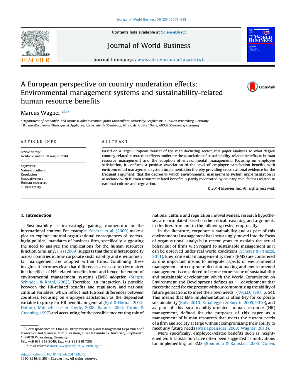 A European perspective on country moderation effects: Environmental management systems and sustainability-related human resource benefits