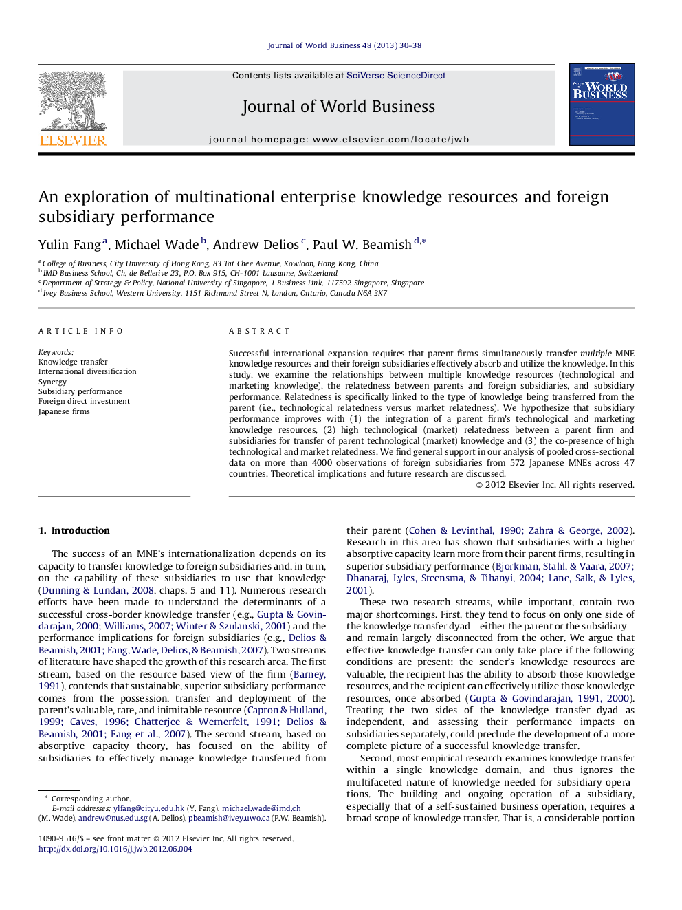 An exploration of multinational enterprise knowledge resources and foreign subsidiary performance