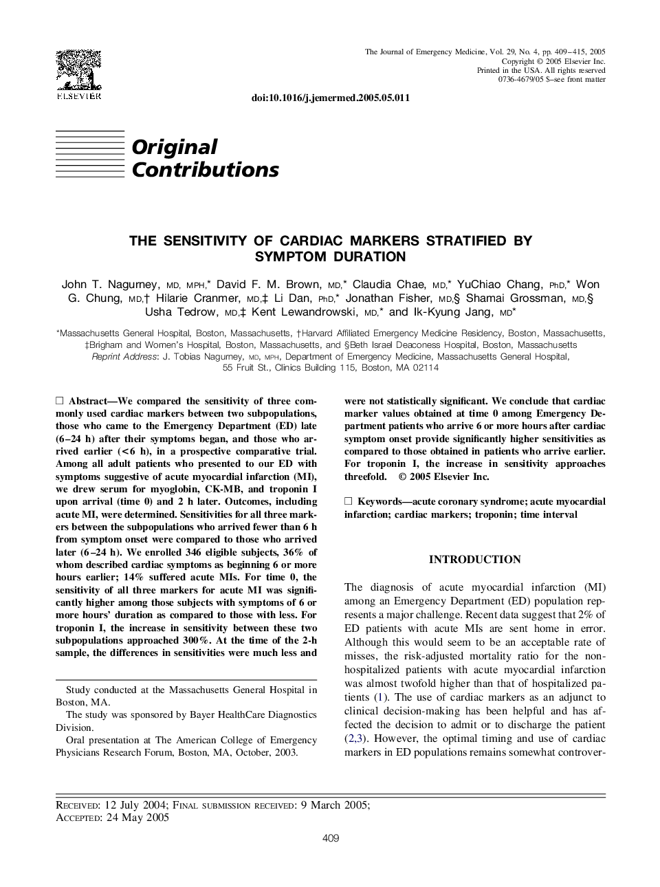 The sensitivity of cardiac markers stratified by symptom duration