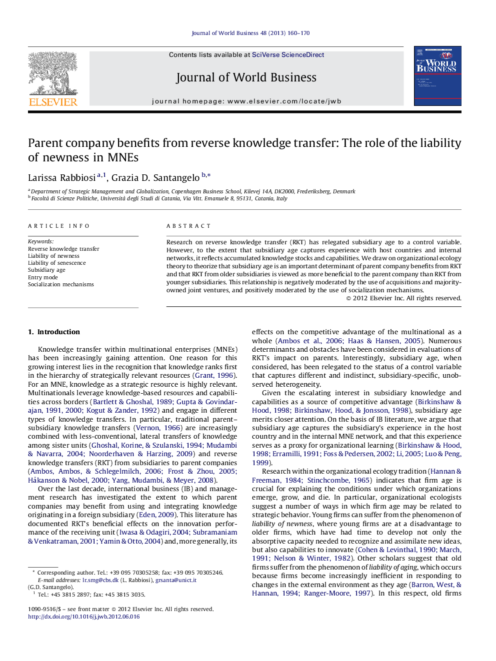 Parent company benefits from reverse knowledge transfer: The role of the liability of newness in MNEs