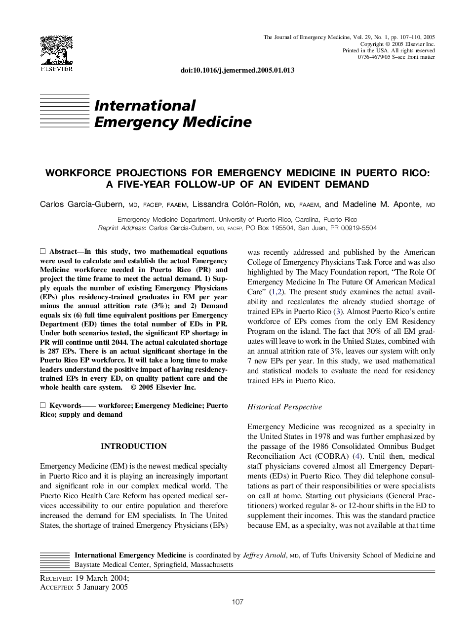 Workforce projections for Emergency Medicine in Puerto Rico: A five-year follow-up of an evident demand