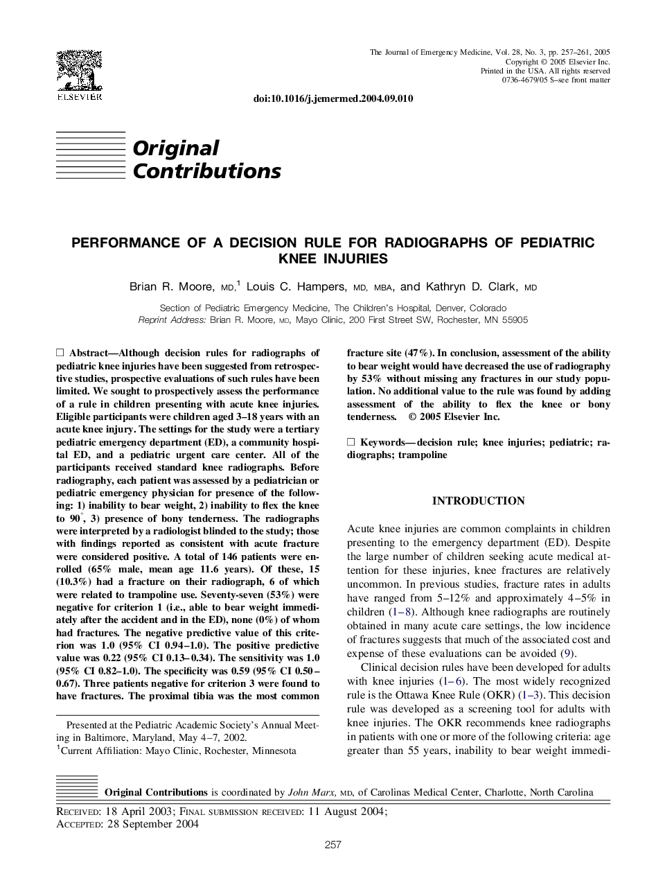 Performance of a decision rule for radiographs of pediatric knee injuries