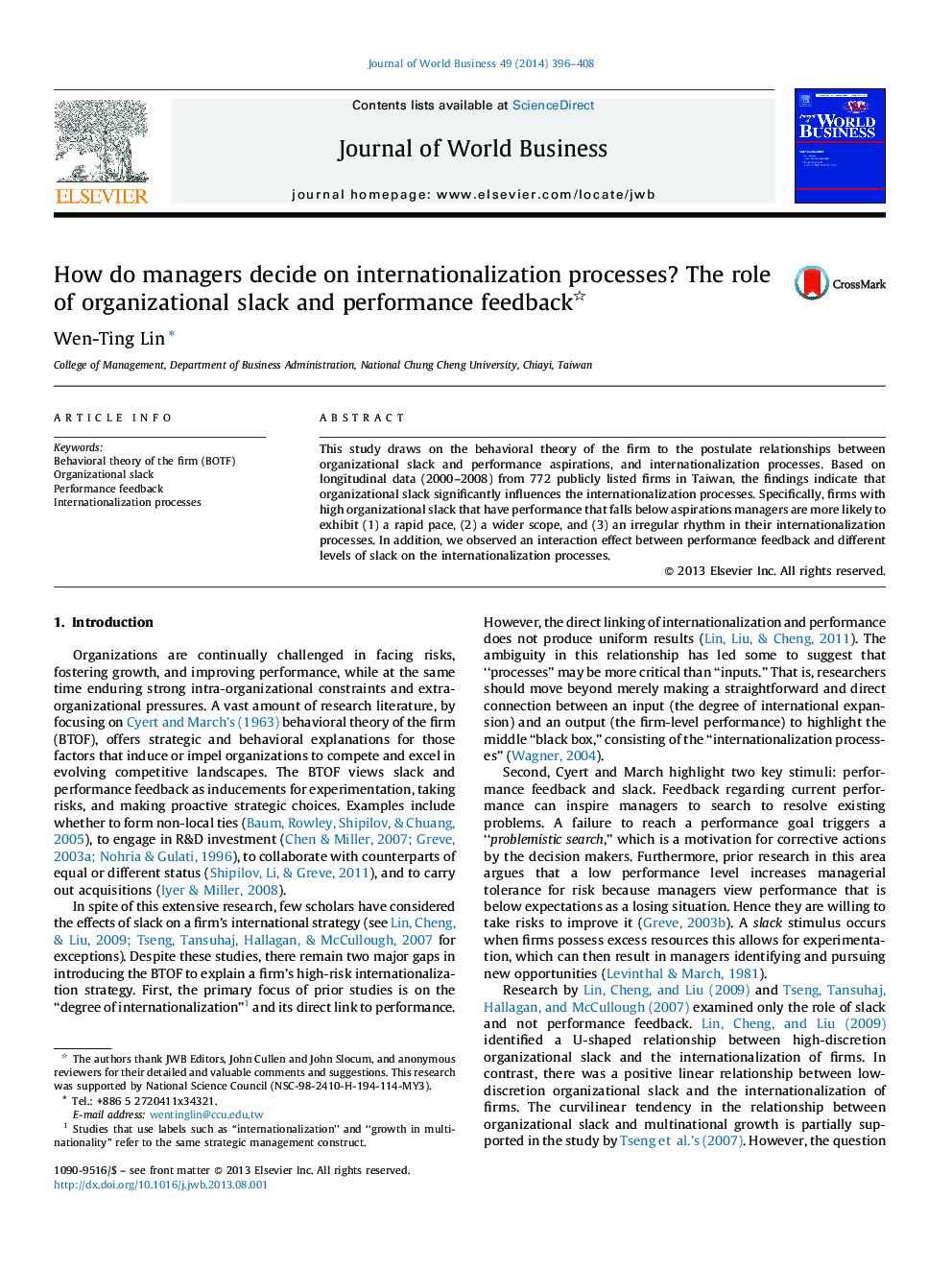 How do managers decide on internationalization processes? The role of organizational slack and performance feedback 