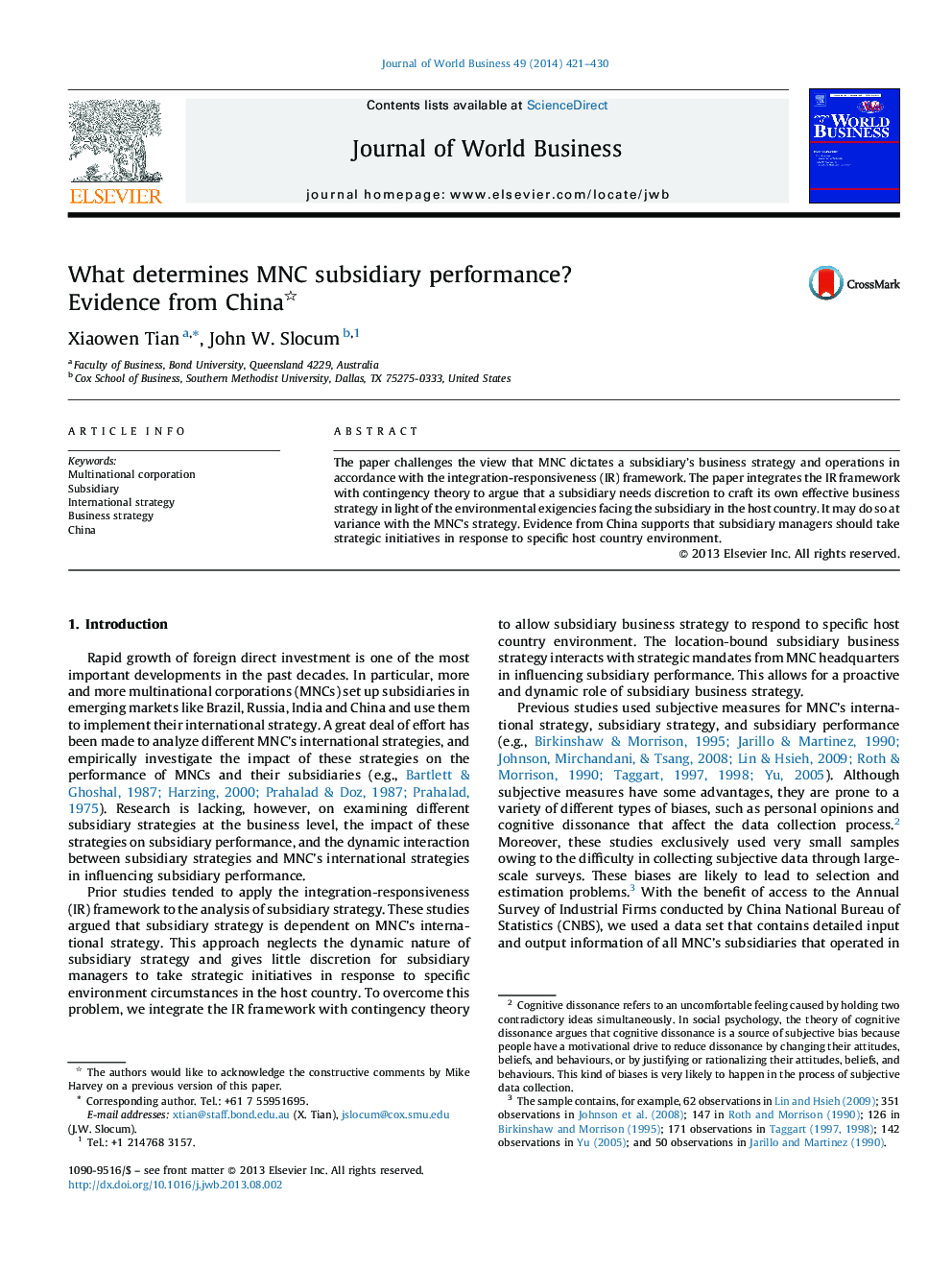 What determines MNC subsidiary performance? Evidence from China 