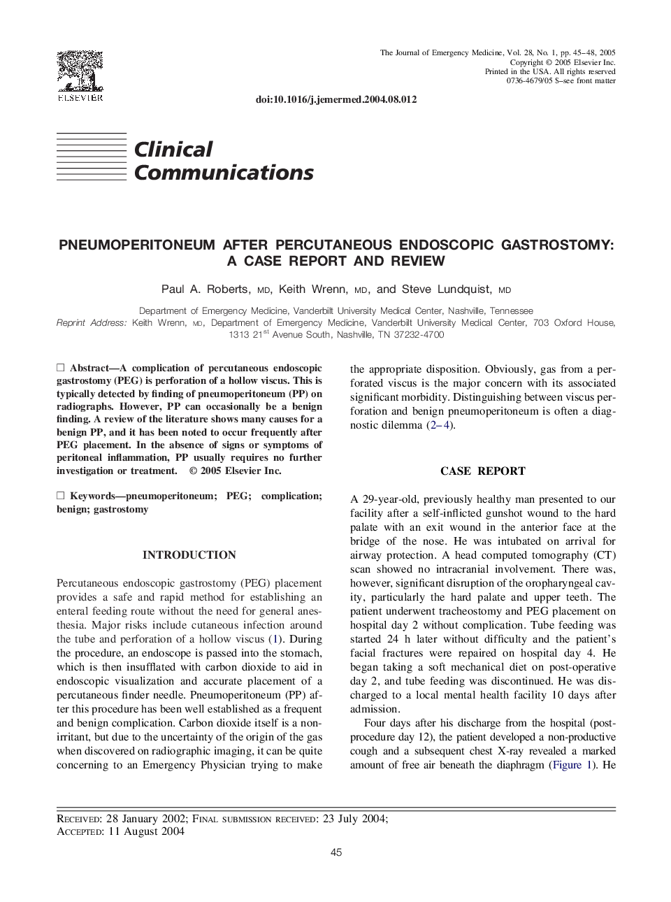 Pneumoperitoneum after percutaneous endoscopic gastrostomy: A case report and review