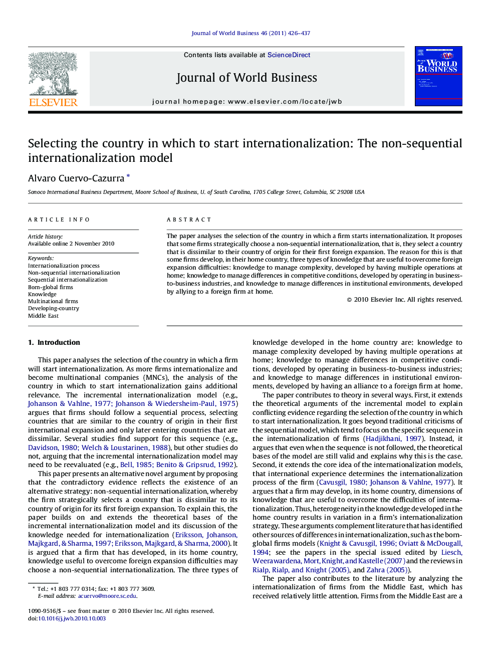 Selecting the country in which to start internationalization: The non-sequential internationalization model