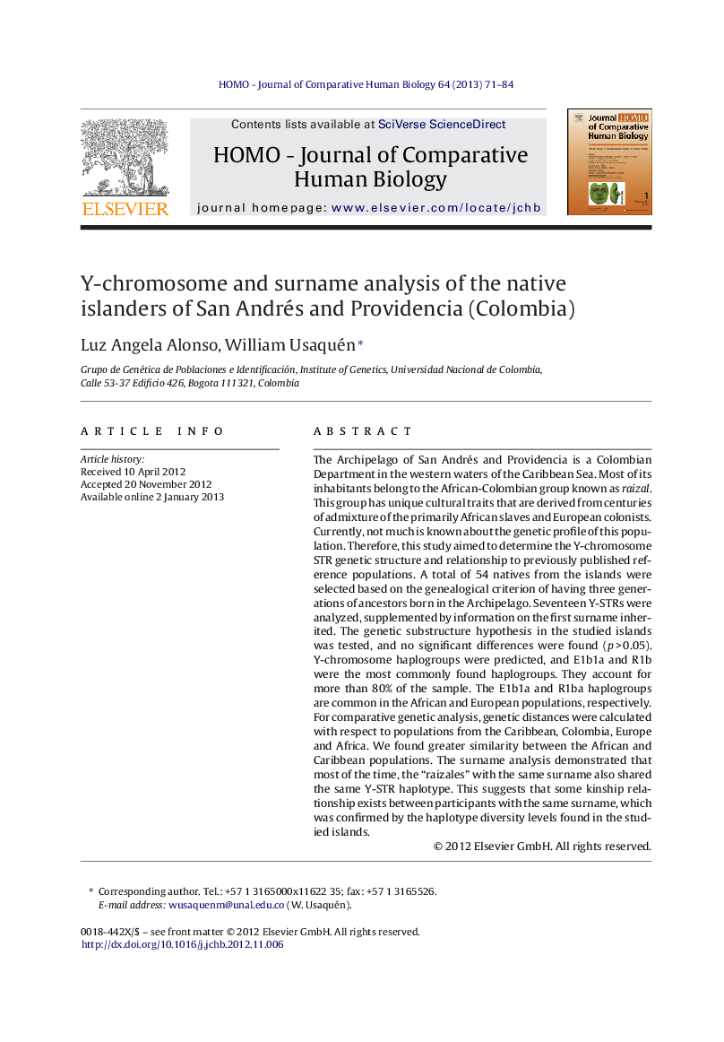 Y-chromosome and surname analysis of the native islanders of San Andrés and Providencia (Colombia)