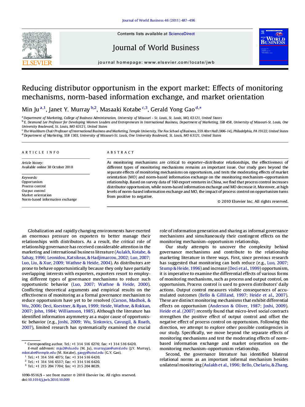 Reducing distributor opportunism in the export market: Effects of monitoring mechanisms, norm-based information exchange, and market orientation