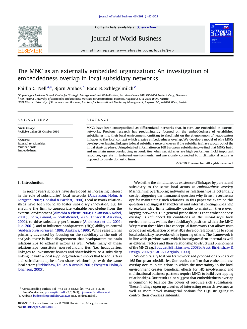 The MNC as an externally embedded organization: An investigation of embeddedness overlap in local subsidiary networks